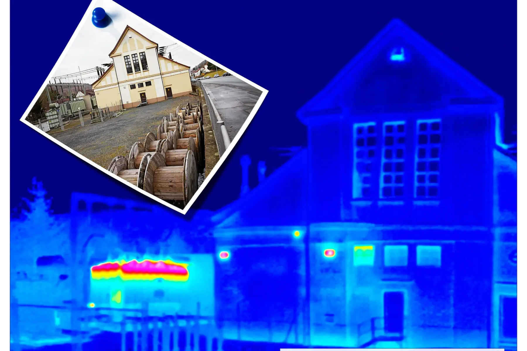 A thermogram of a building elevation at night with a warm band across one wall and warm spots at openings, with a daylight photo of the same building pinned in the corner