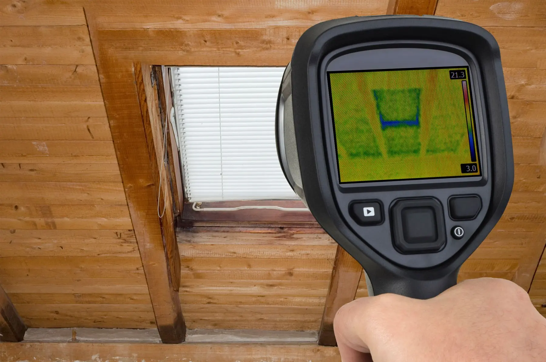 A handheld thermal imager pointed at an attic window from inside; the screen shows a cold band along the window frame