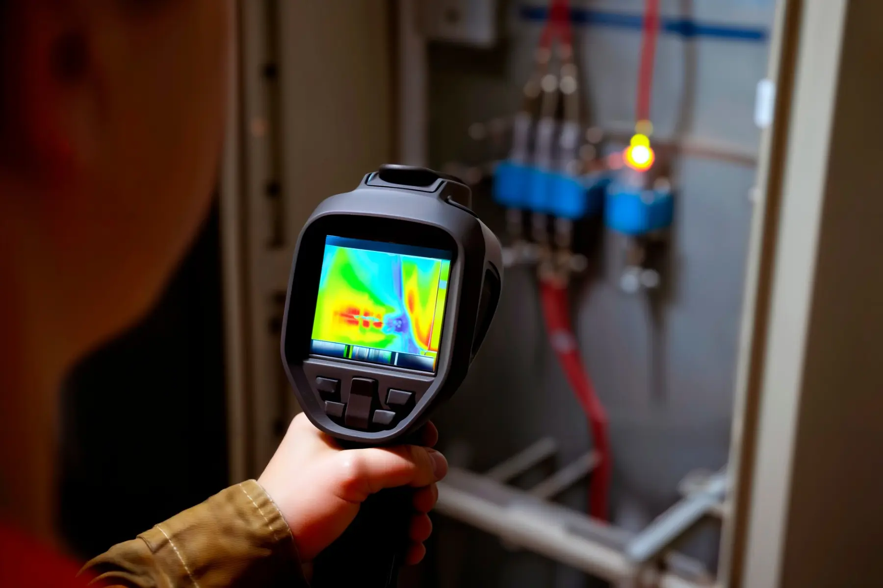 A handheld thermal imager pointed into an open electrical panel; one terminal behind it glows warm